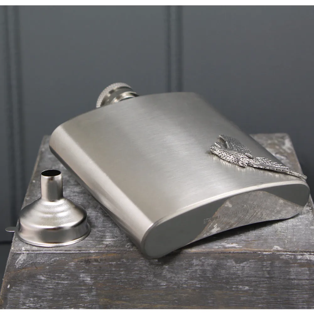 6oz Stainless Steel Hip Flask With Pewter Pheasant Emblem