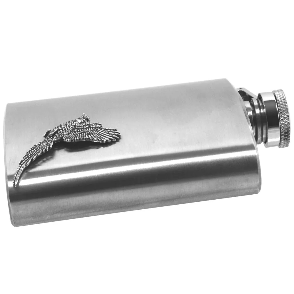 6oz Stainless Steel Hip Flask With Pewter Pheasant Emblem