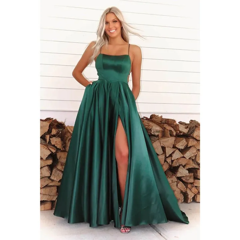 A-line Green Satin Scoop High Split Long Prom Dress with Pockets