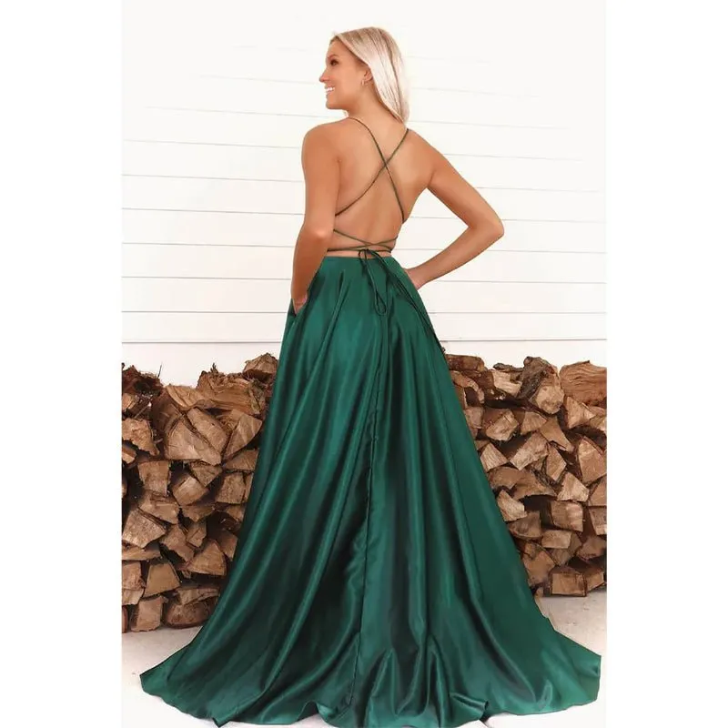 A-line Green Satin Scoop High Split Long Prom Dress with Pockets