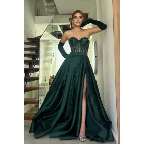 A-Line Sweetheart Beaded Sheer Tulle Satin Long Prom Evening Dress With Slit