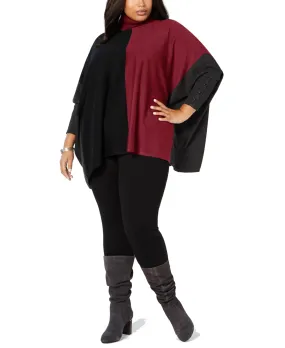 Alfani Plus Women's Turtleneck Colorblock Poncho Sweater, Malbec, 2X