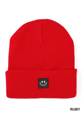 All Smiles Smiley Face Patch Beanie in Ruby