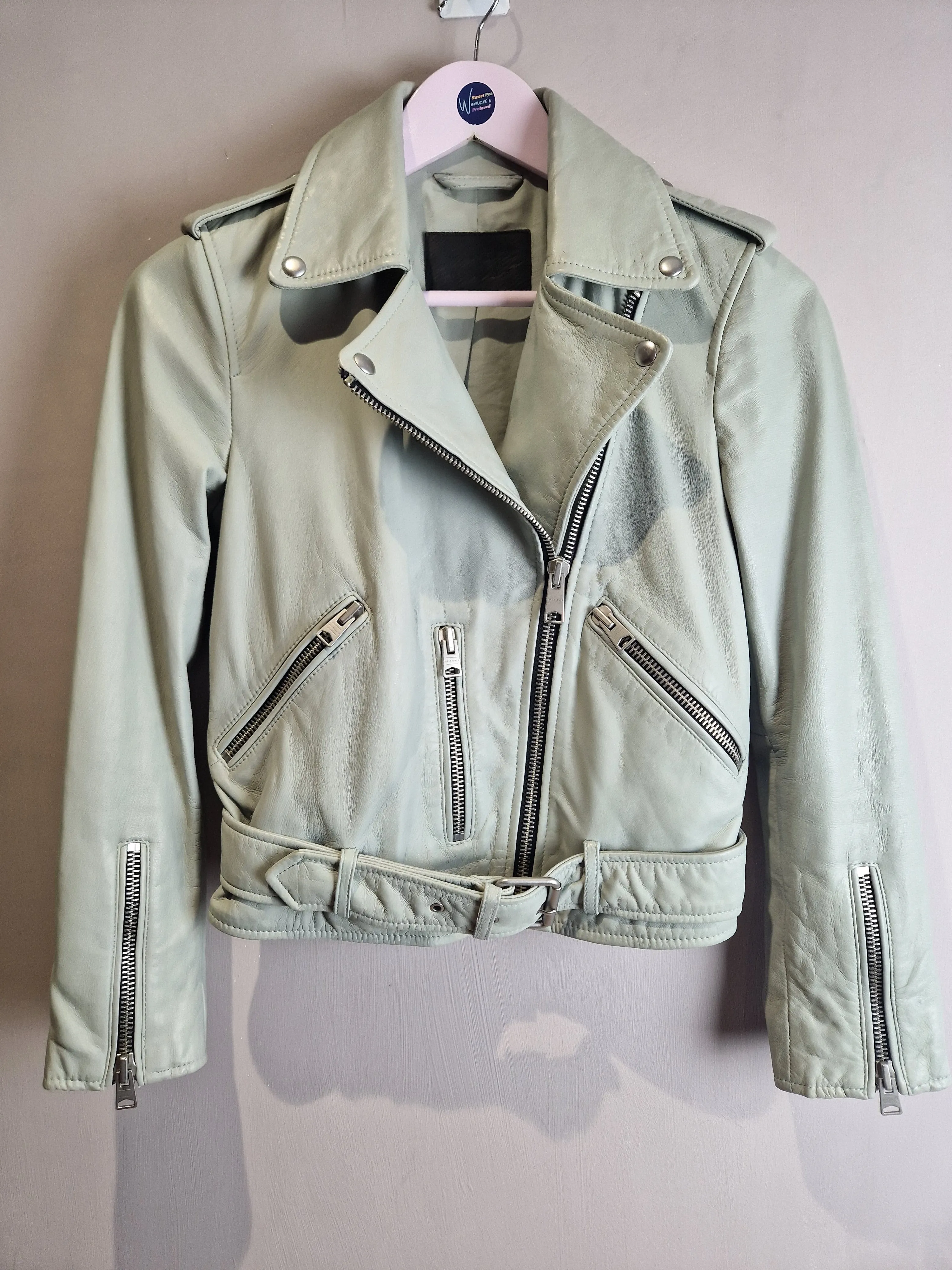 AllSaints grey Balfern lambs leather Biker jacket - size 4