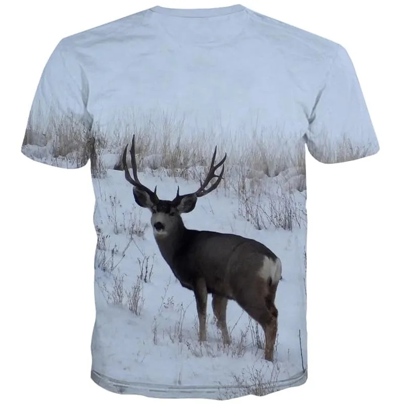 Animal T-shirt Men Deer Shirt Print Snow Tshirt Printed White Tshirt Anime