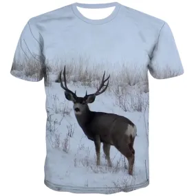 Animal T-shirt Men Deer Shirt Print Snow Tshirt Printed White Tshirt Anime