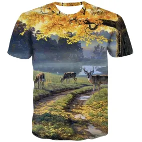 Animal T shirts Men Deer Shirt Print Landscape Tshirts Casual Painting T-shirts 3d