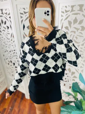 ARGYLE Distressed Diamond crop sweater