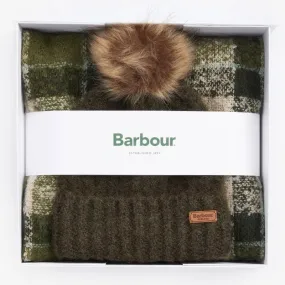 Barbour Saltburn Ladies Beanie & Tartan Scarf Set - Ancient Loden