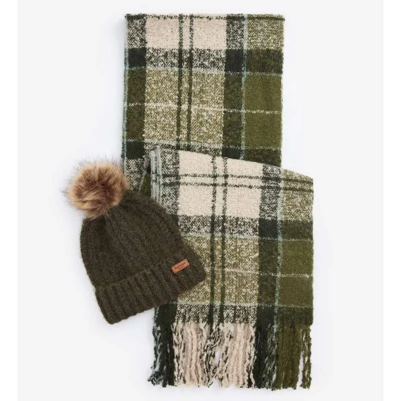 Barbour Saltburn Ladies Beanie & Tartan Scarf Set - Ancient Loden