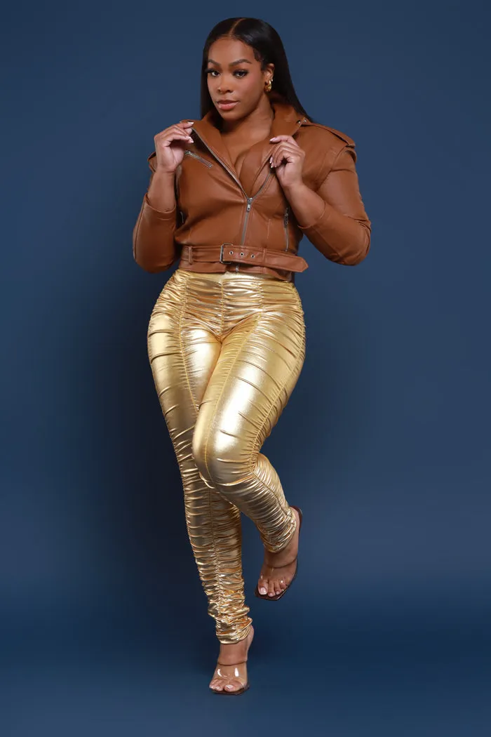 Be Honest Ruched High Waist Pants - Gold Metallic Leggings