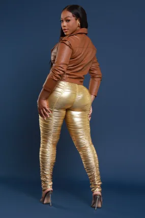 Be Honest Ruched High Waist Pants - Gold Metallic Leggings