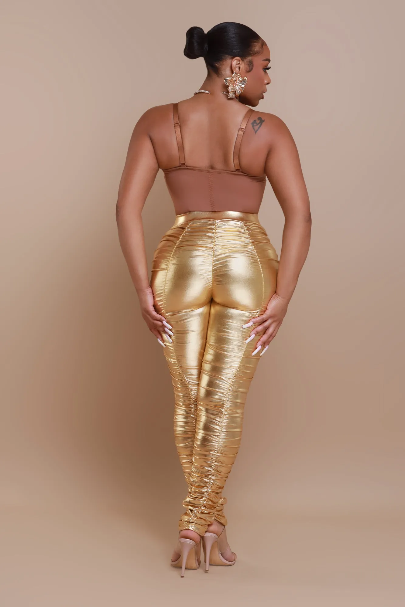 Be Honest Ruched High Waist Pants - Gold Metallic Leggings