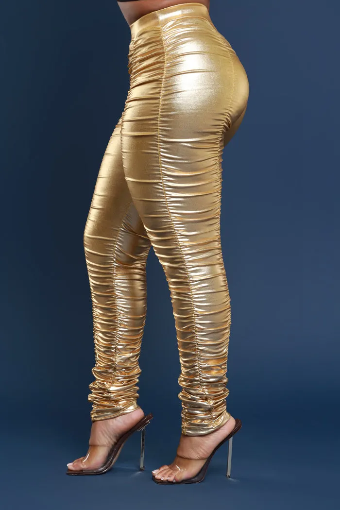 Be Honest Ruched High Waist Pants - Gold Metallic Leggings