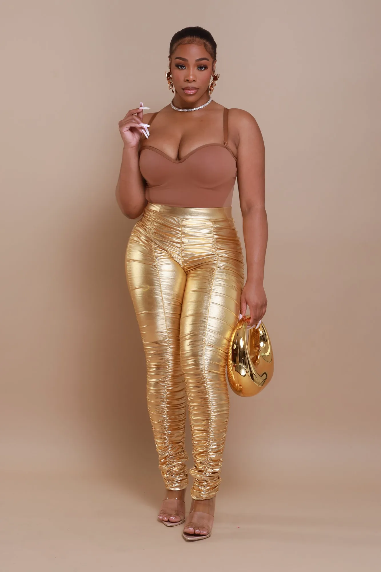 Be Honest Ruched High Waist Pants - Gold Metallic Leggings