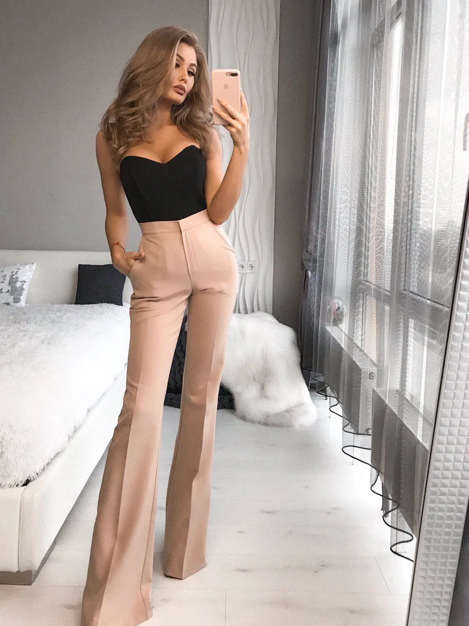 Beige High Waist Fitted Flared Pants