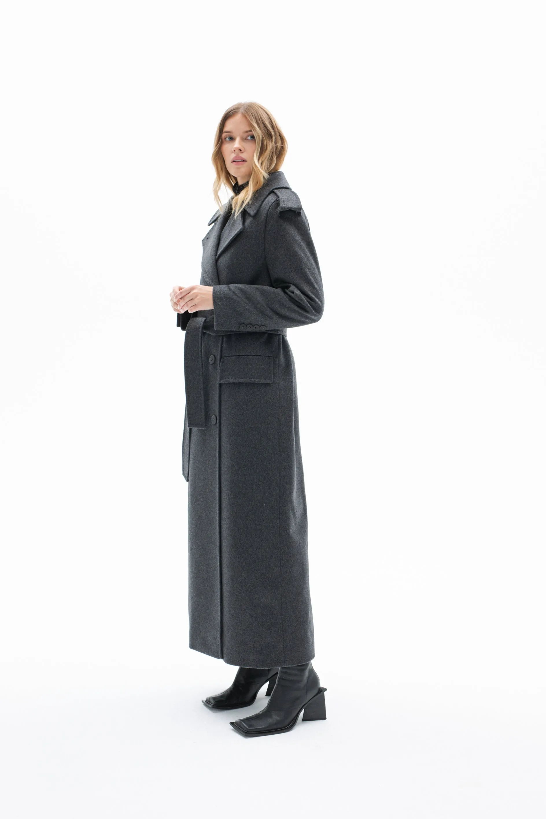 BELTED LONG WOOL COAT IN GREY