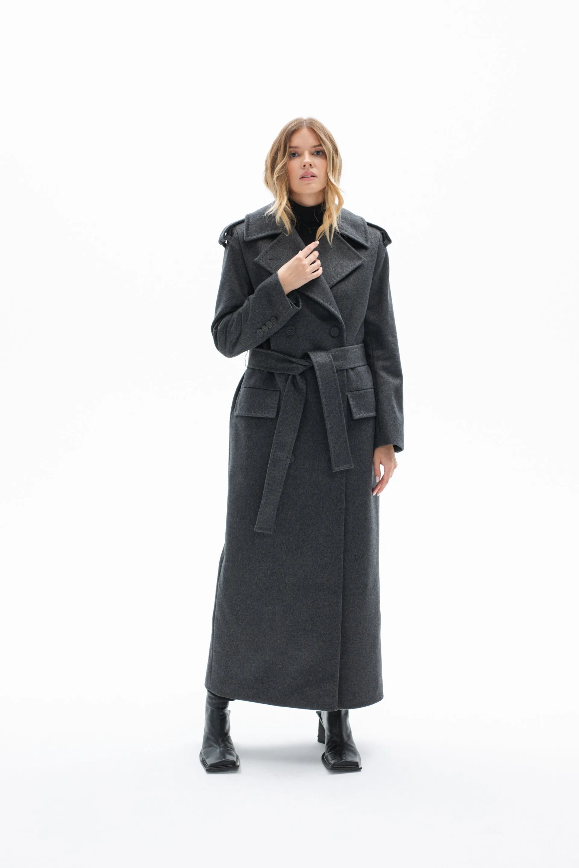 BELTED LONG WOOL COAT IN GREY