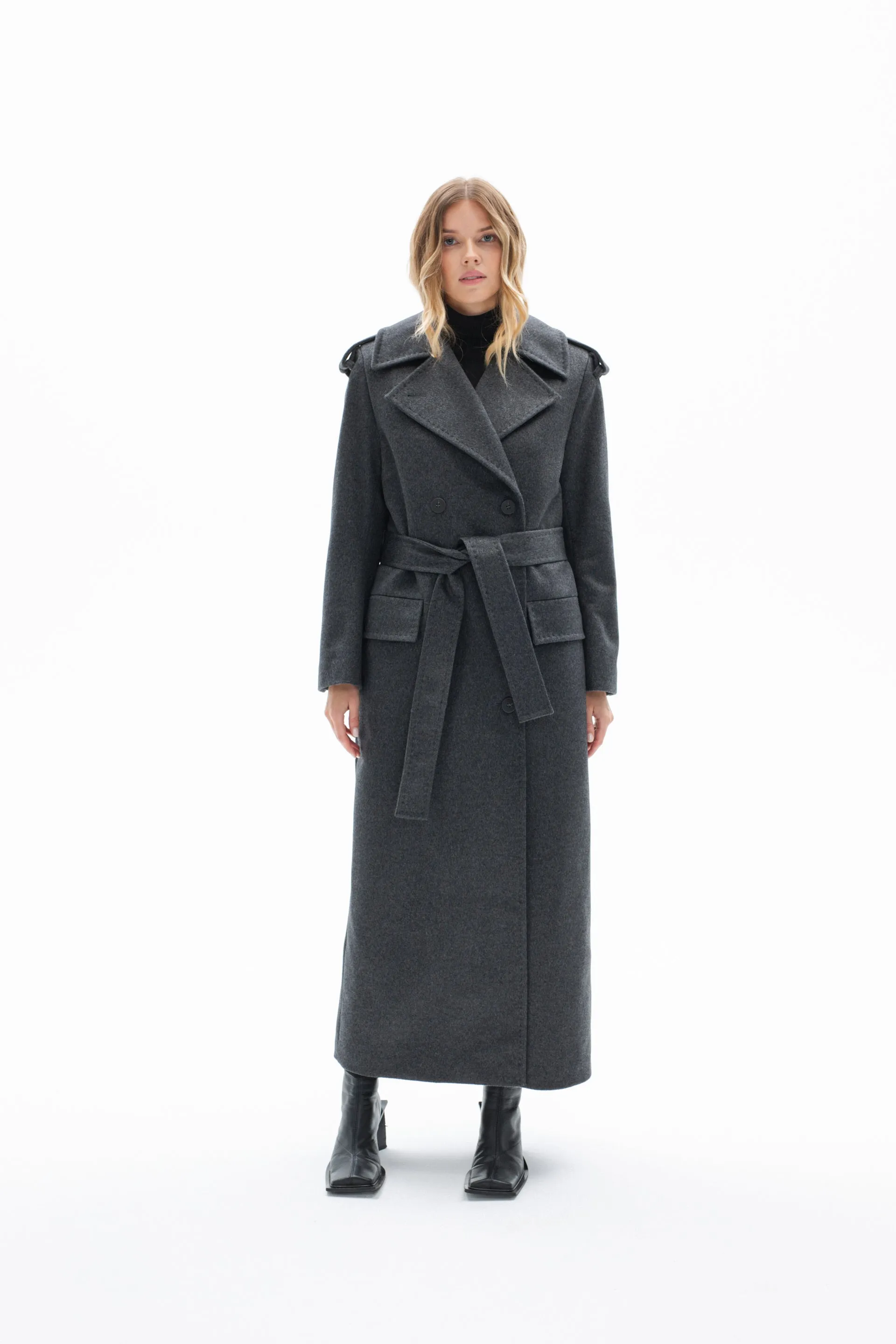 BELTED LONG WOOL COAT IN GREY