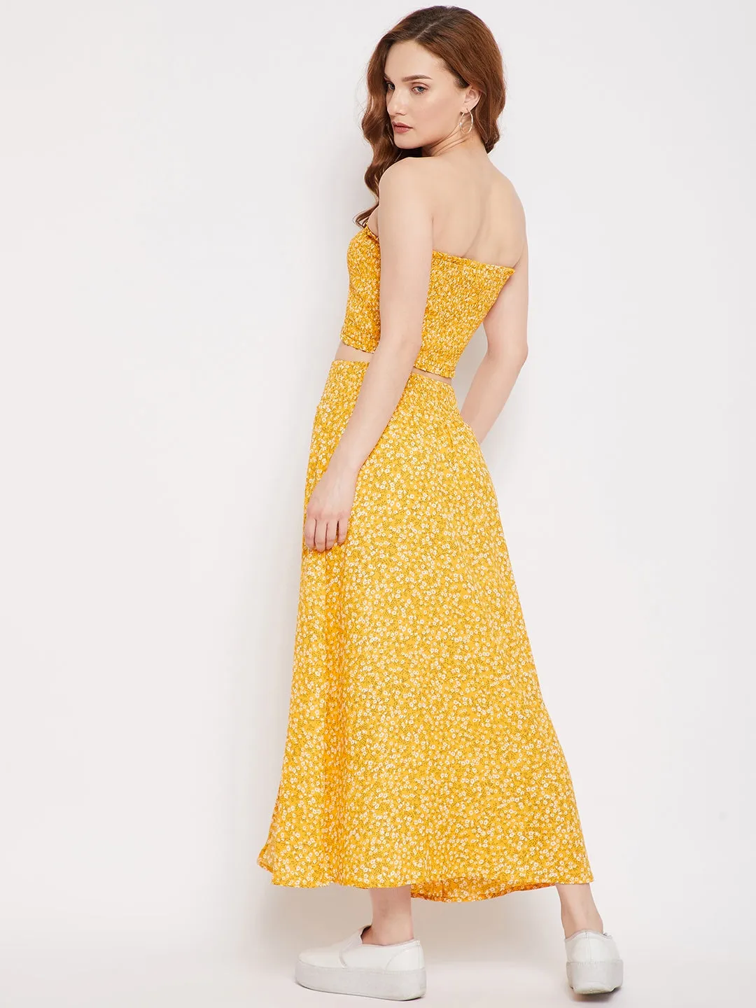 Berrylush Women Yellow Floral Printed Off-Shoulder Neck Shirred Co-Ordinate Maxi Dress