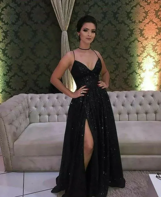 Black A line Prom Dresses Long Side Slit Spaghetti Strap Sexy Shinny Formal Evening Dress    fg4227