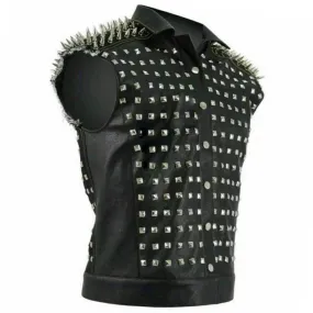 Black Punk Rock Cowhide Biker Leather Vest - Full Silver Spiked Studded