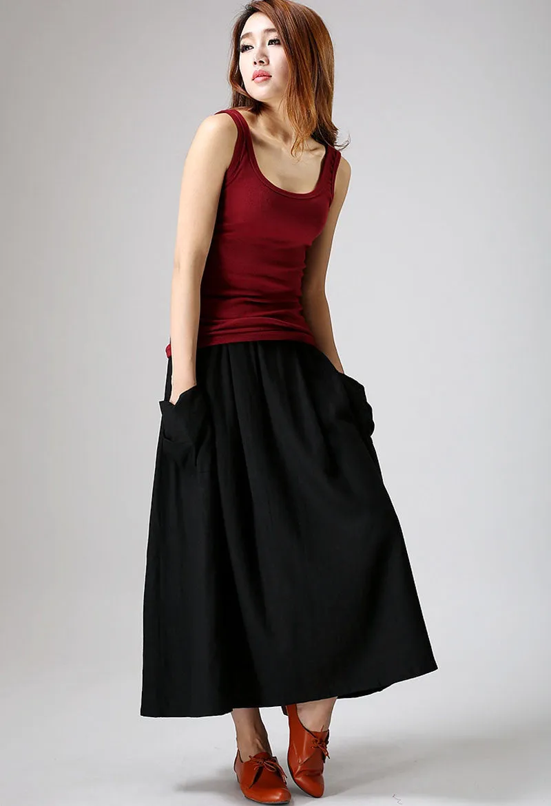 Black skirt Maxi women skirt elastic waist linen skirt 0898#