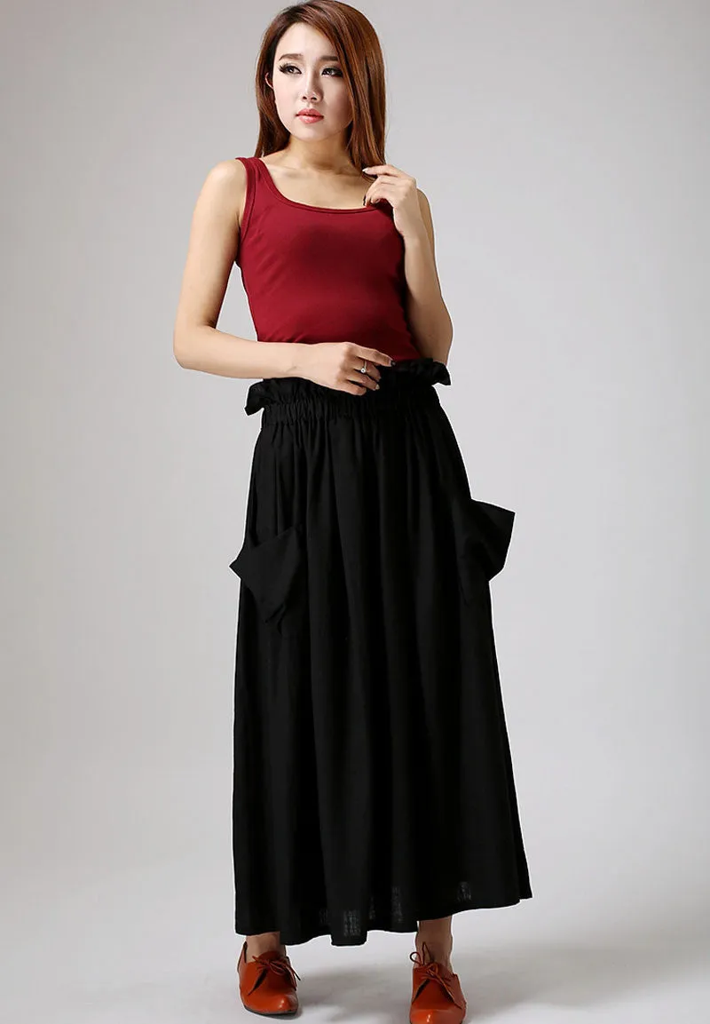 Black skirt Maxi women skirt elastic waist linen skirt 0898#