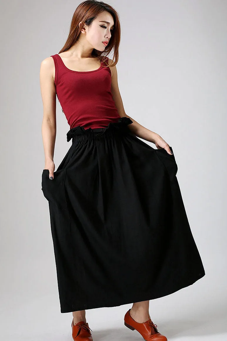 Black skirt Maxi women skirt elastic waist linen skirt 0898#