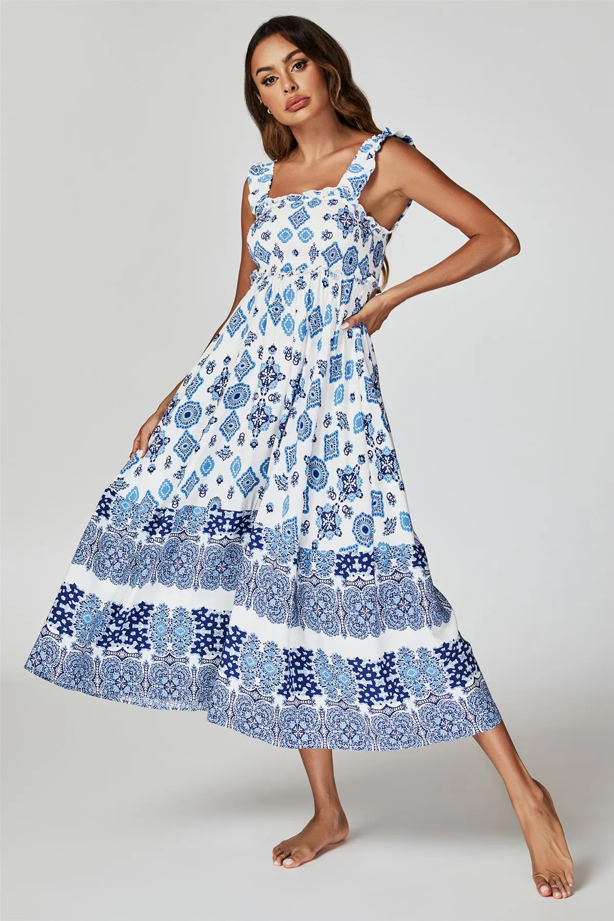 Blue Border Print Hem Detail Tiered Maxi Dress In White