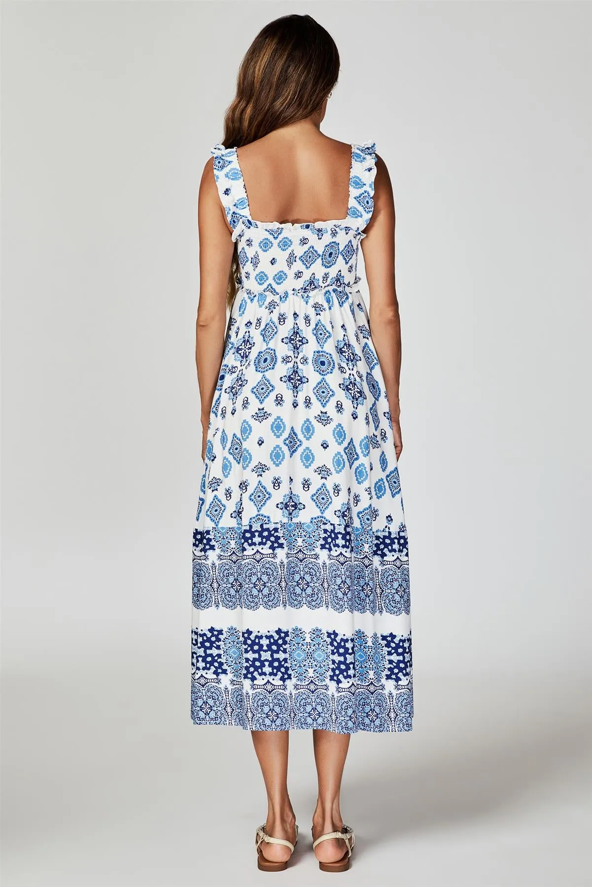 Blue Border Print Hem Detail Tiered Maxi Dress In White