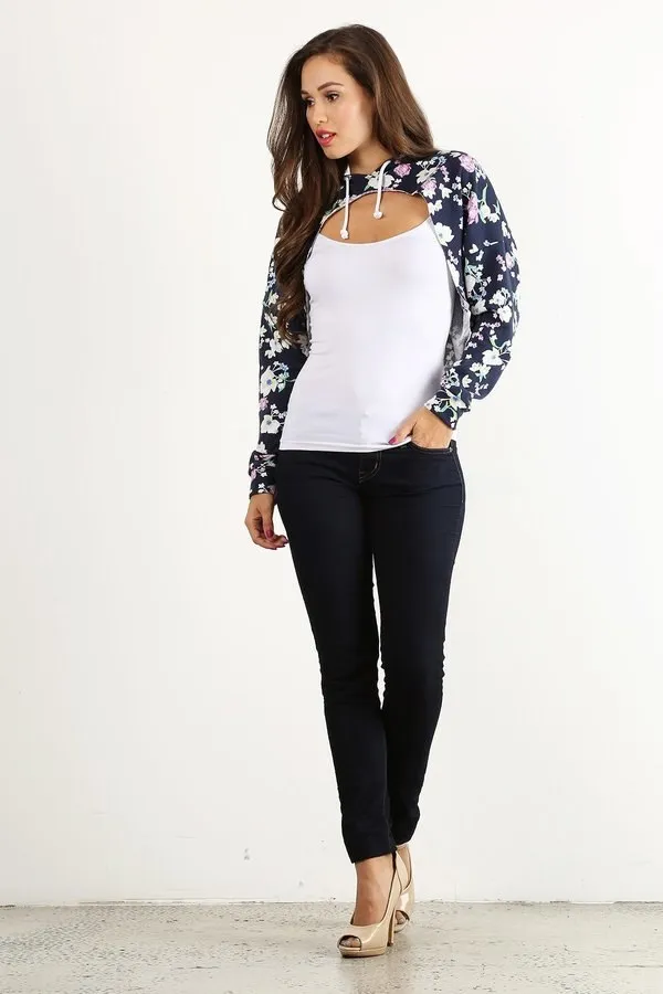 Blue Floral Crop Hoodie