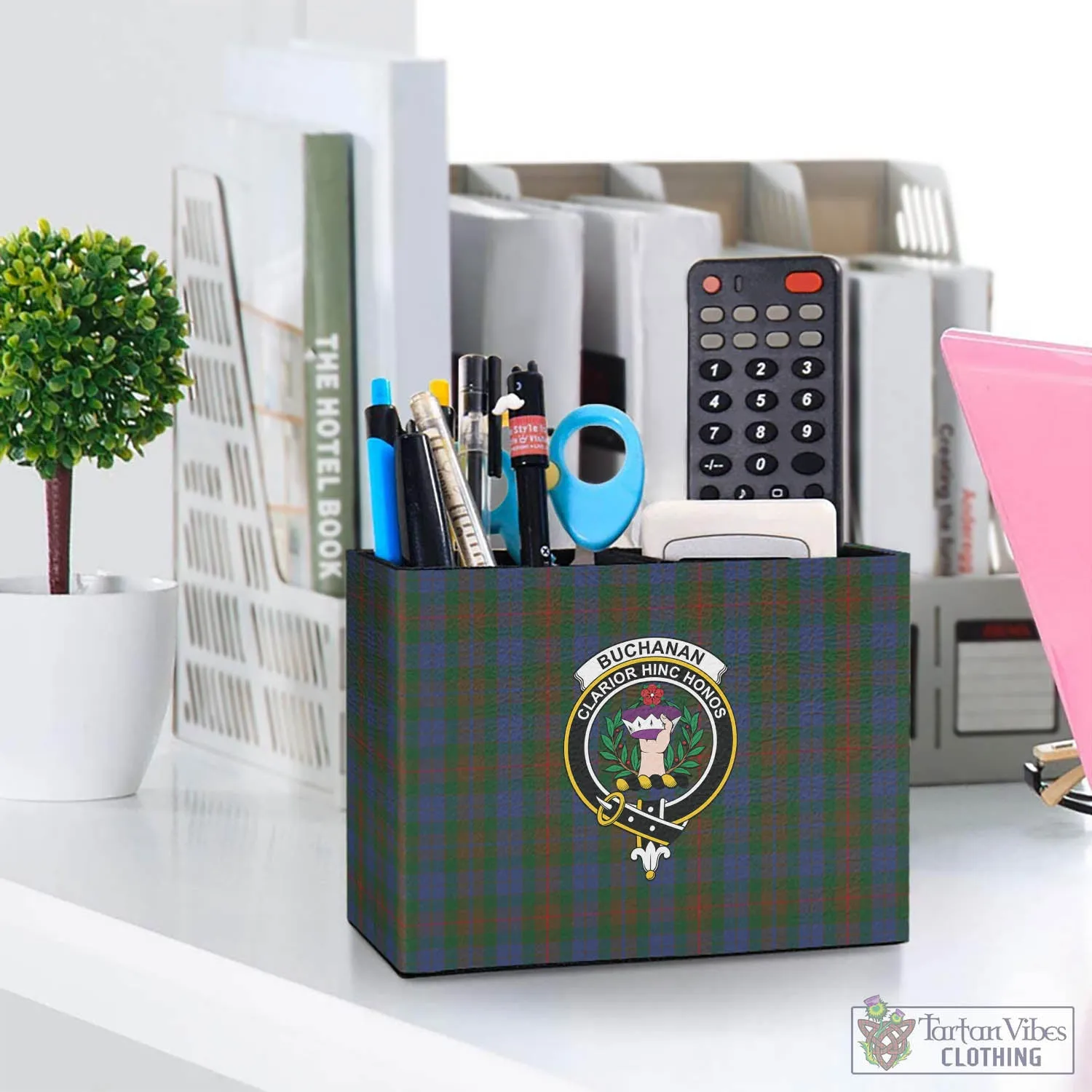 Buchanan Hunting Tartan Pen Holder with Family Crest