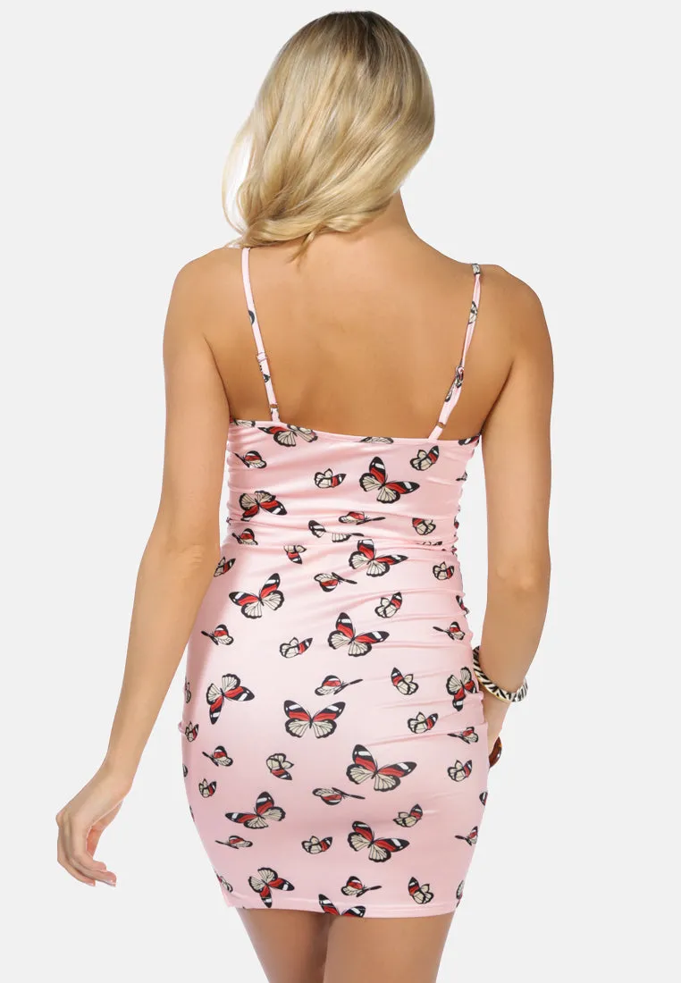 Butterfly Print Spaghetti Evening Slip Dress