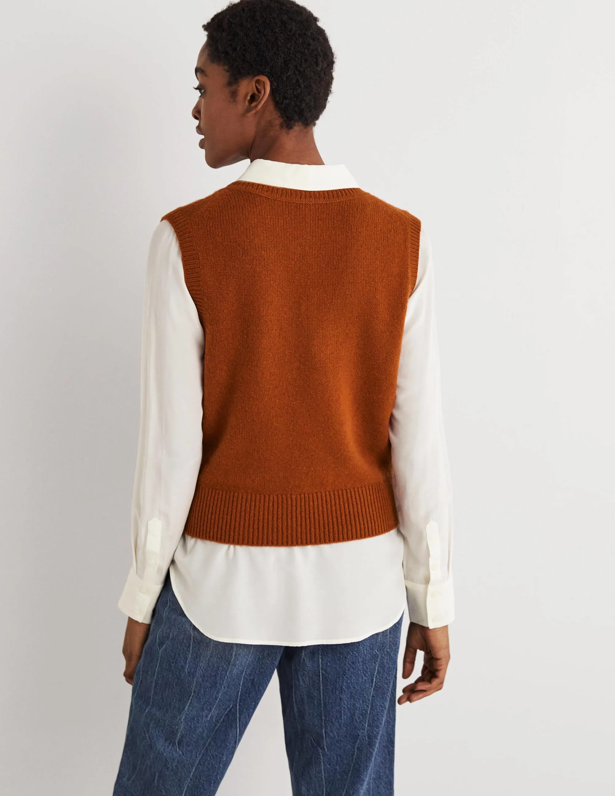 Cashmere V-Neck Knitted Tank-Copper Red