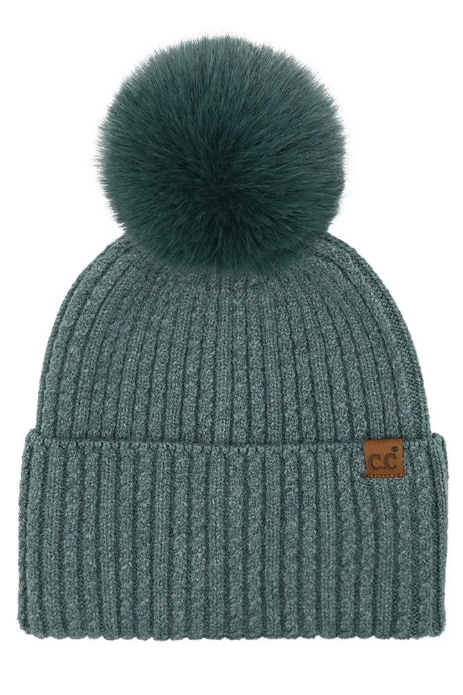 C.C CABLE CUFF POM BEANIE (FOREST GREEN)