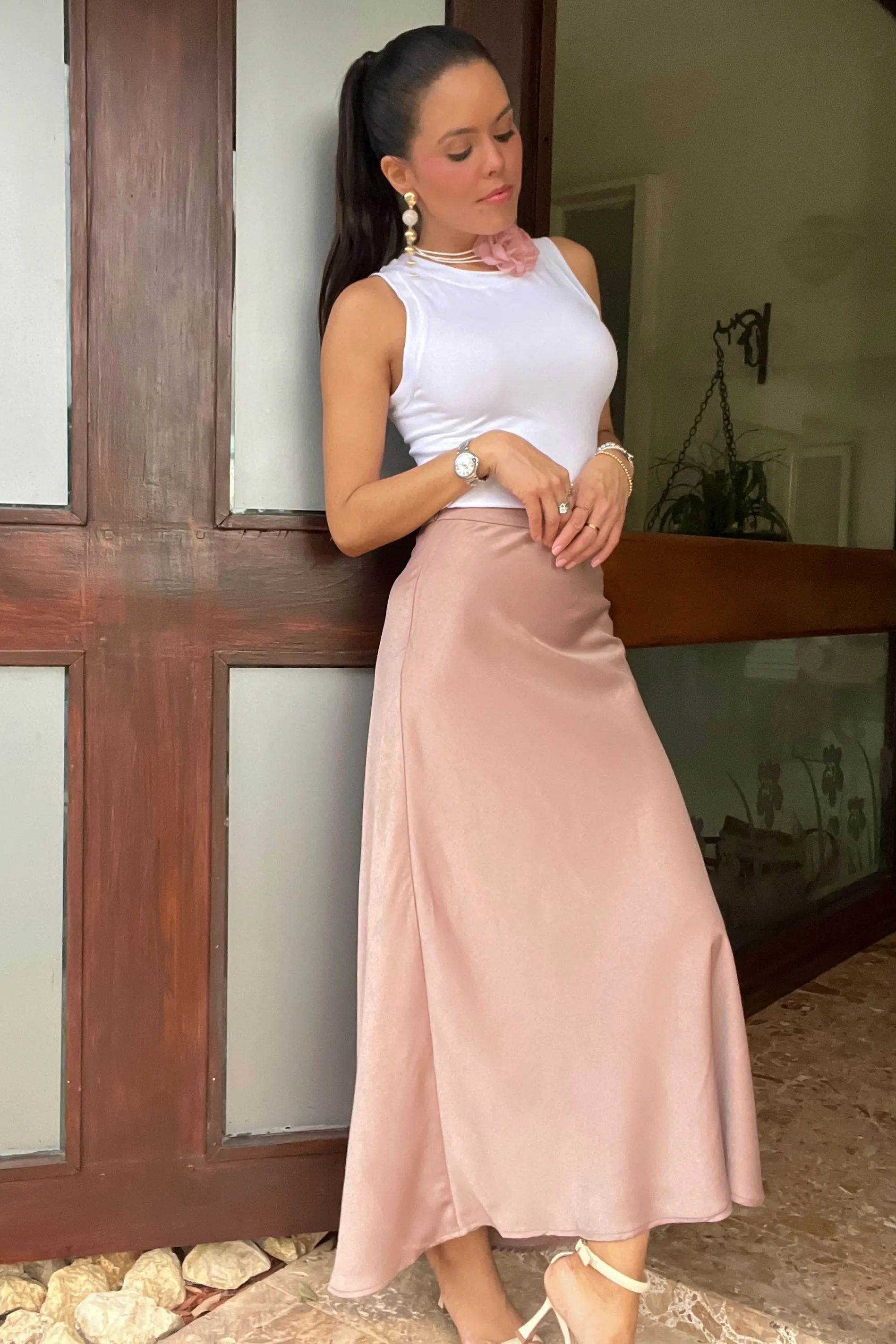 Champagne Satin Midi Skirt