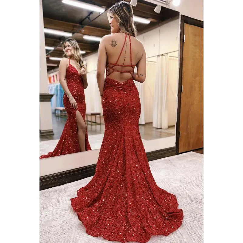 Chic & Modern Spaghetti Straps V-Neck Backless Mermaid Side Slit Sequins Evening Party Prom