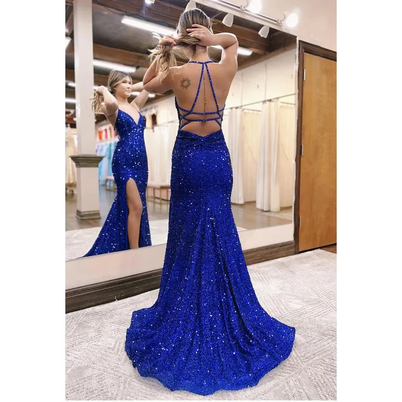 Chic & Modern Spaghetti Straps V-Neck Backless Mermaid Side Slit Sequins Evening Party Prom