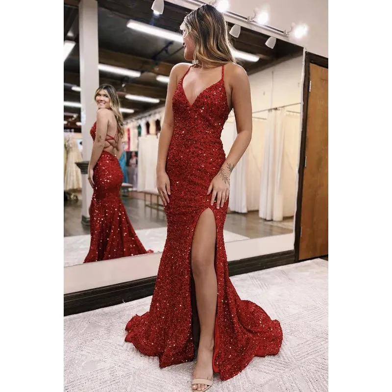 Chic & Modern Spaghetti Straps V-Neck Backless Mermaid Side Slit Sequins Evening Party Prom