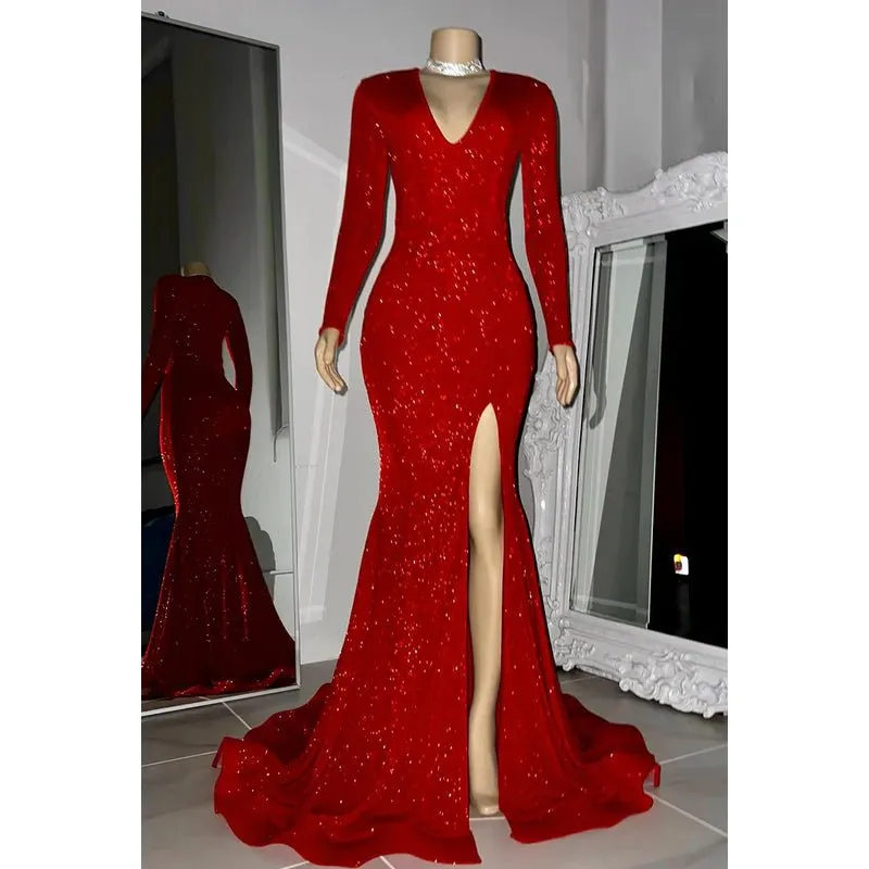 Classic & Timeless V-Neck Long Sleeveles Mermaid Sequins Slit Evening Prom Dress