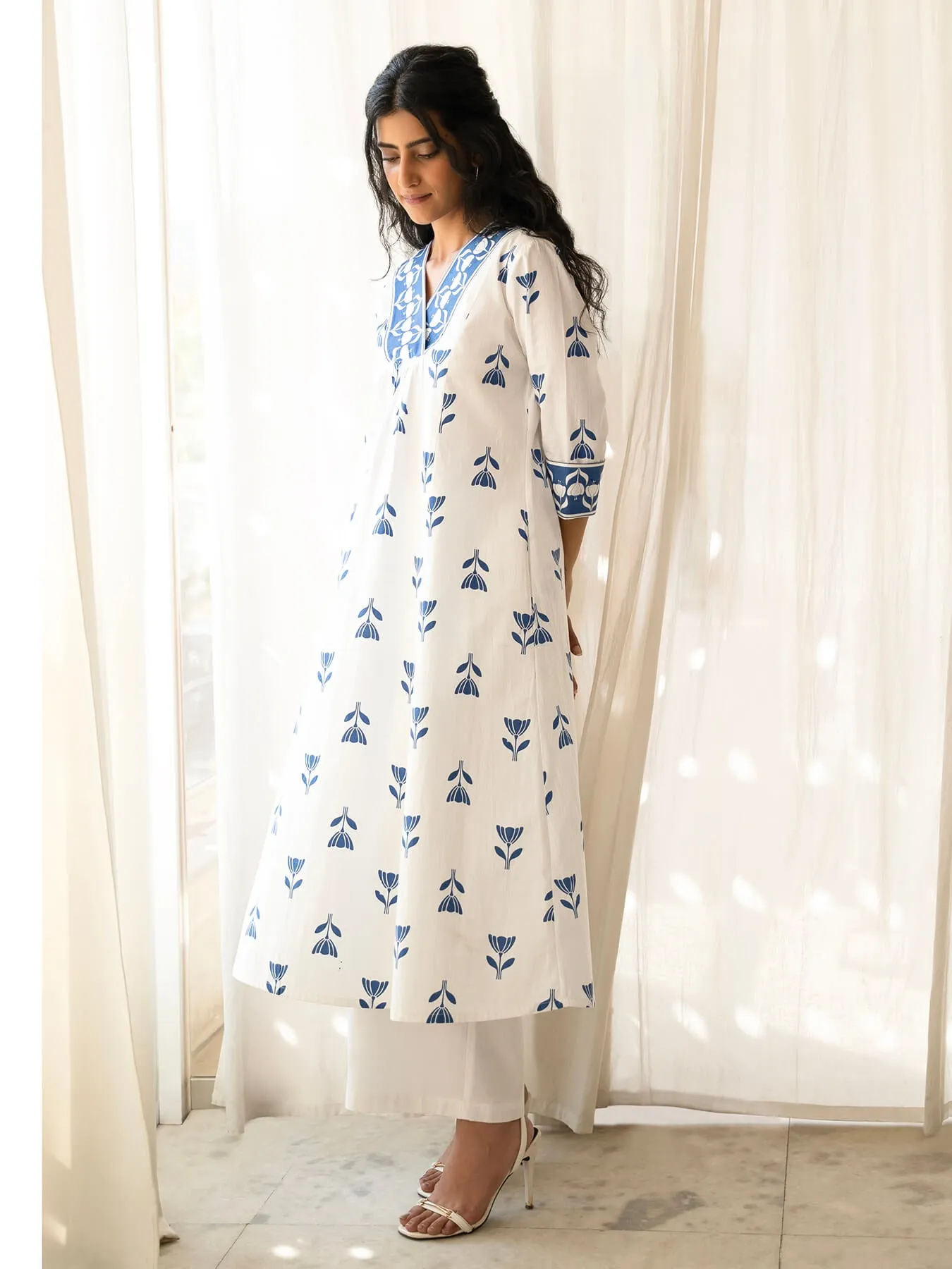 Cotton Floral A-Line Kurta Set - Blue & White