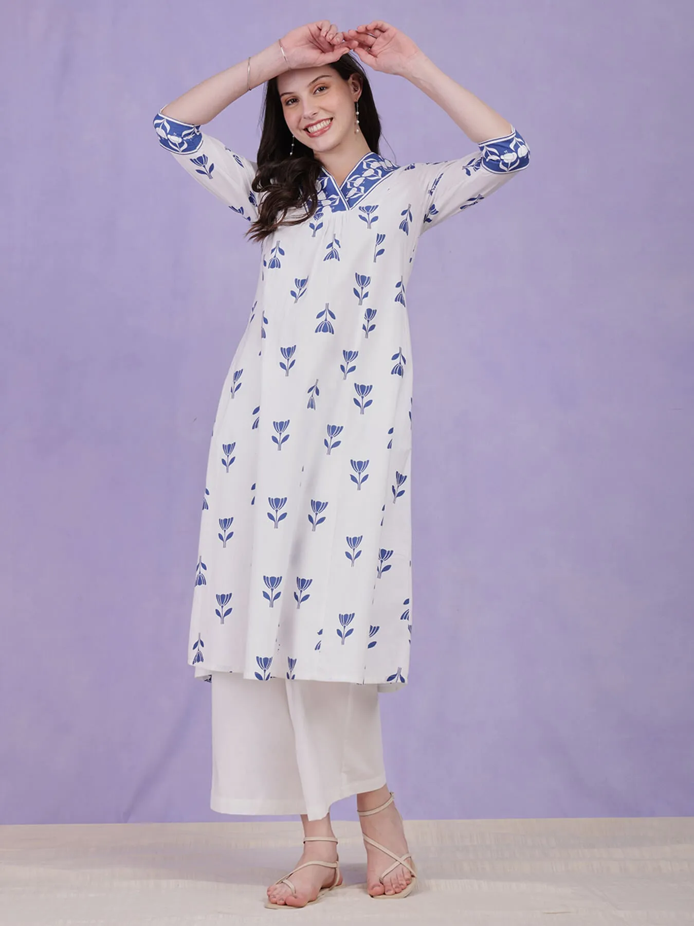 Cotton Floral A-Line Kurta Set - Blue & White