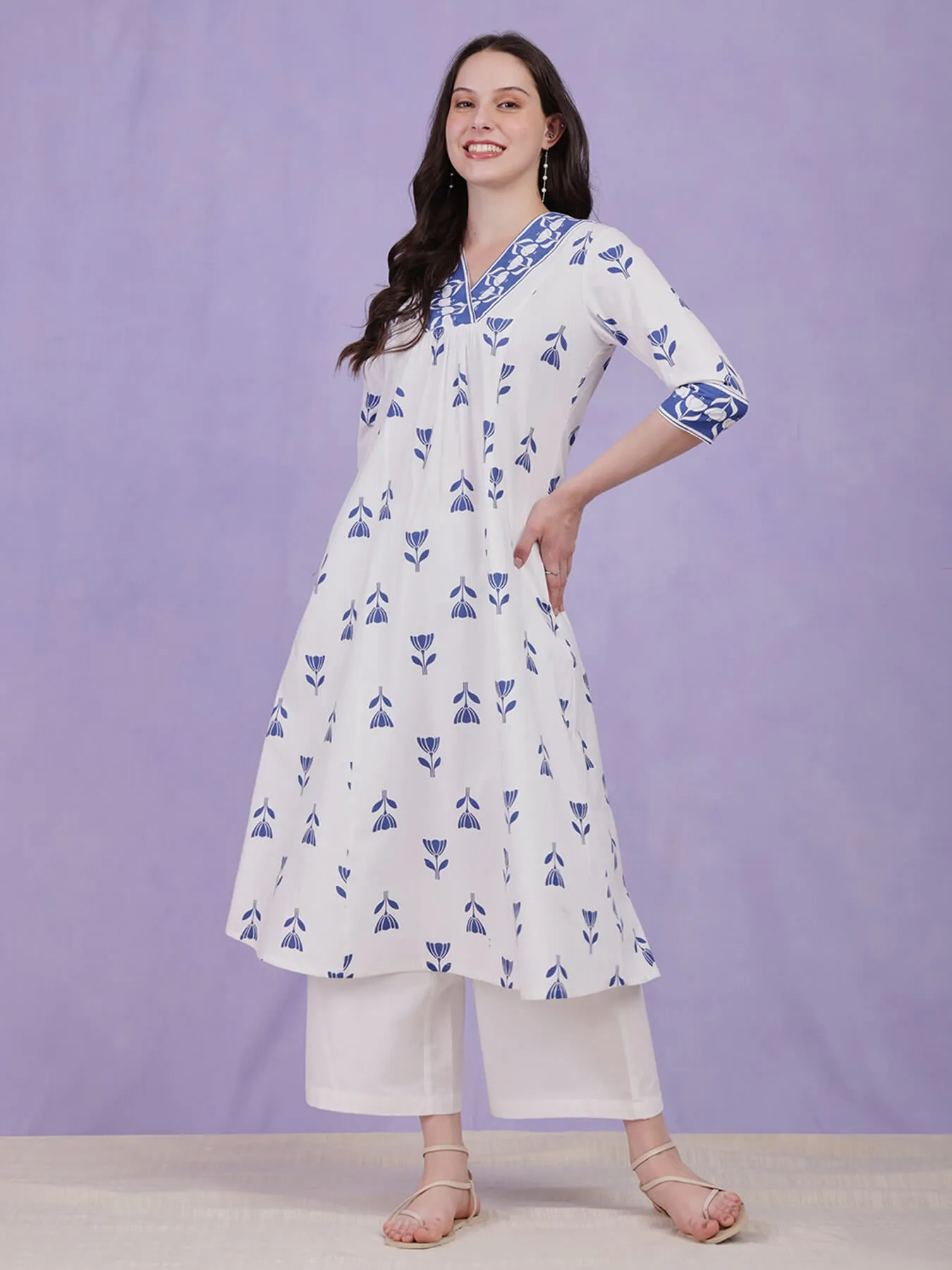 Cotton Floral A-Line Kurta Set - Blue & White