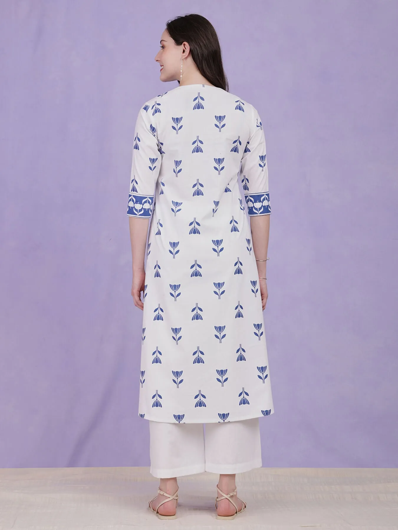 Cotton Floral A-Line Kurta Set - Blue & White