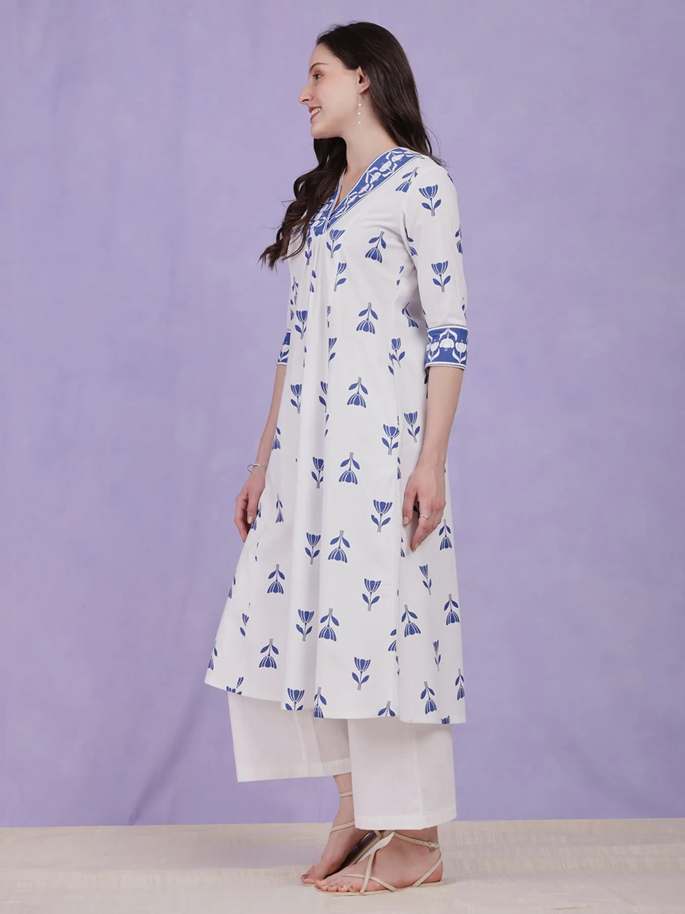 Cotton Floral A-Line Kurta Set - Blue & White