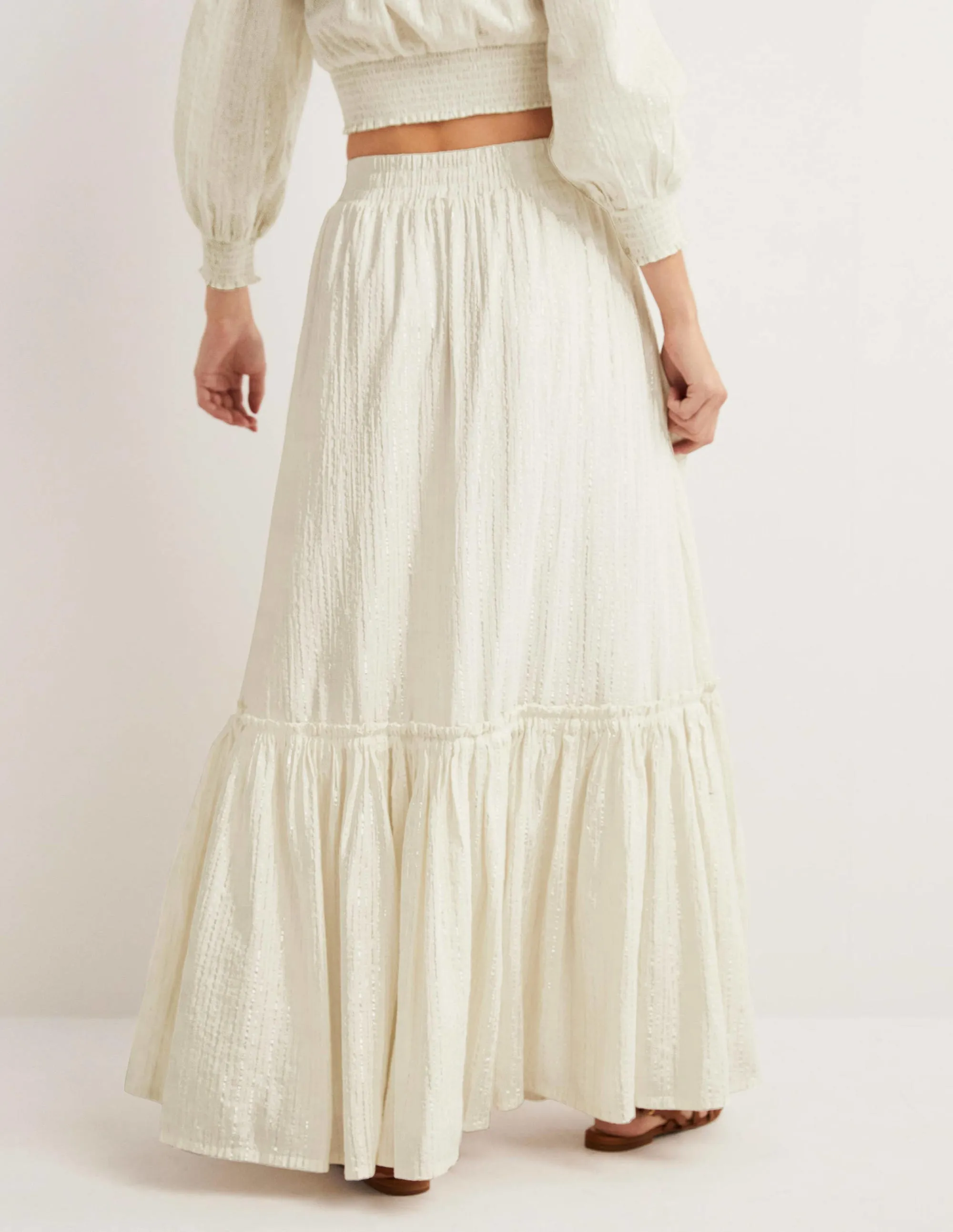 Cotton Metallic Maxi Skirt-Ivory Crinkle Lurex