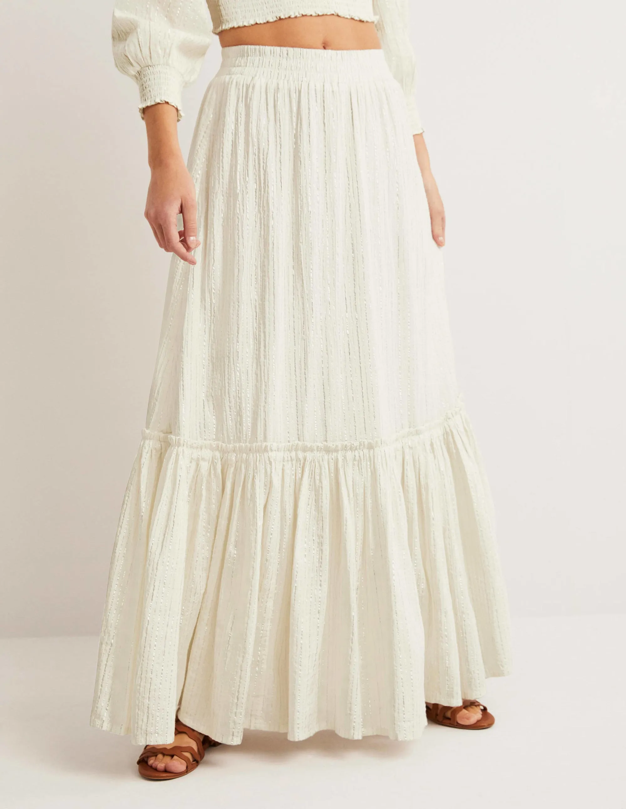 Cotton Metallic Maxi Skirt-Ivory Crinkle Lurex