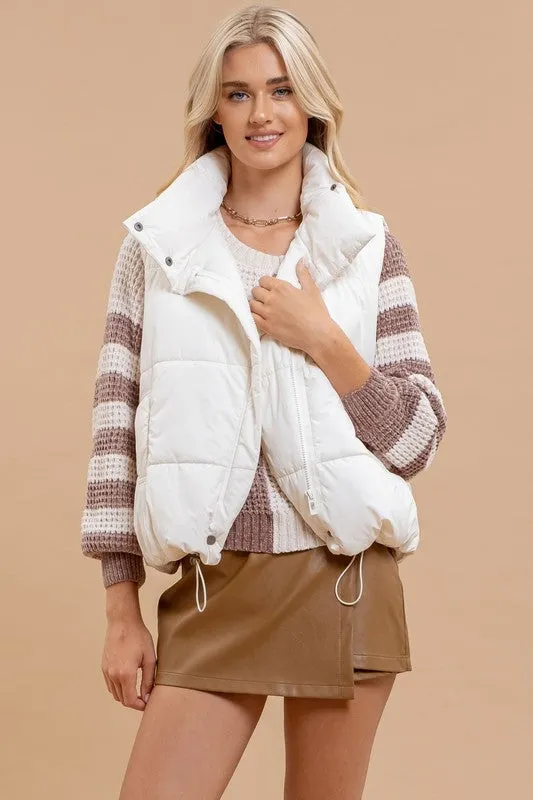 Cream Asymmetrical Zip Up High Neck Puffer Vest