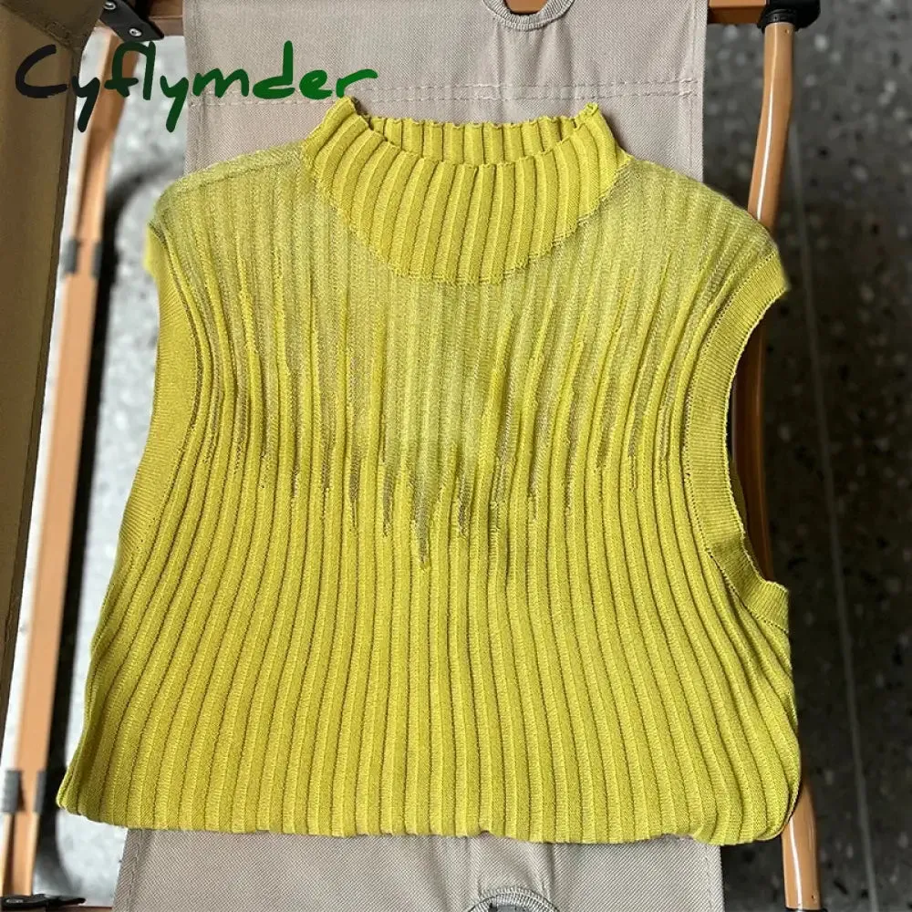 Cyflymder Mesh Knitted Top Women Y2K Tank Top Half Neck Vest Female Sleeveless Sweater Chic Cut Out Streetwear Solid Skinny White Tube Top